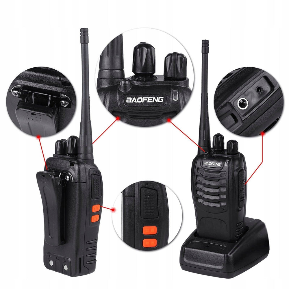 Baofeng BF-88E PMR radio in an explanatory view with red highlights - two black radios with the details marked: the belt clip, the knobs and the BAOFENG lettering, the accessory socket and the orange side buttons, on a white background