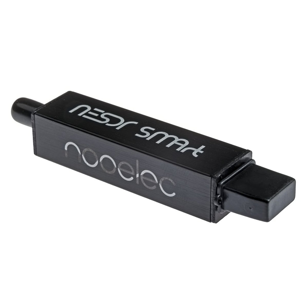 Close-up of the Nooelec NESDR SMArt v4 RTL-SDR receiver - black aluminium housing with the nooelec logo, USB-A plug with a cap and an SMA antenna socket