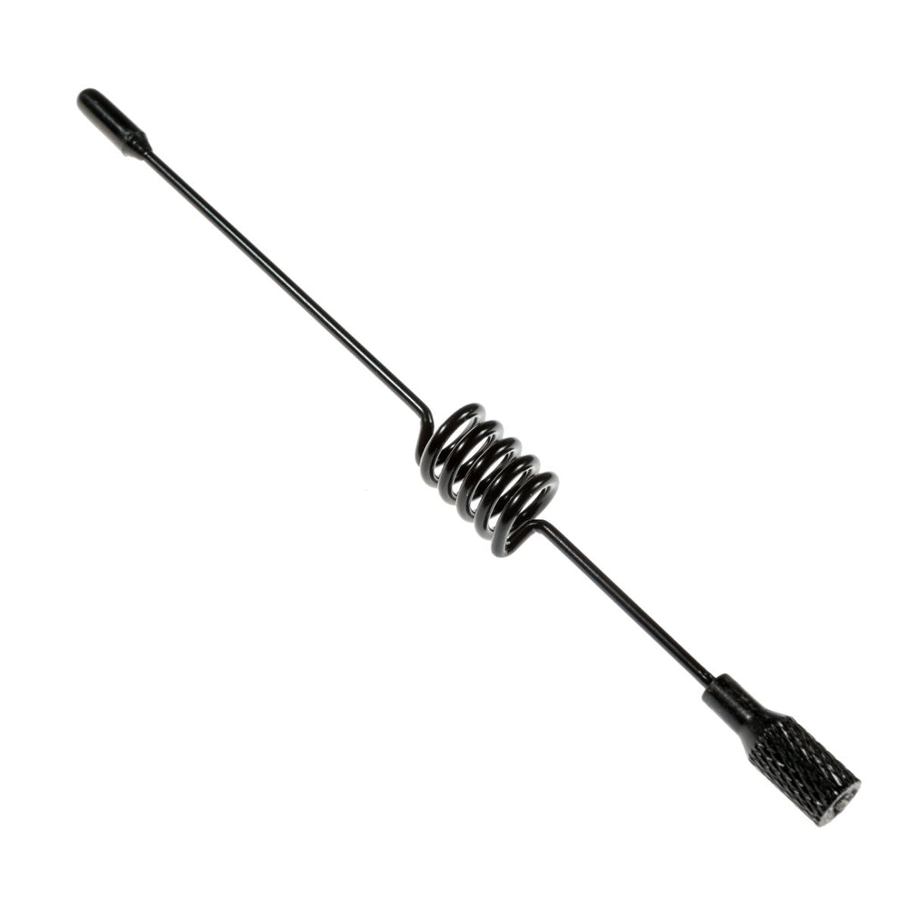 Close-up of the spring antenna from the Nooelec NESDR SMArt v4 kit - black helical antenna with a coil in the middle and a knurled connector